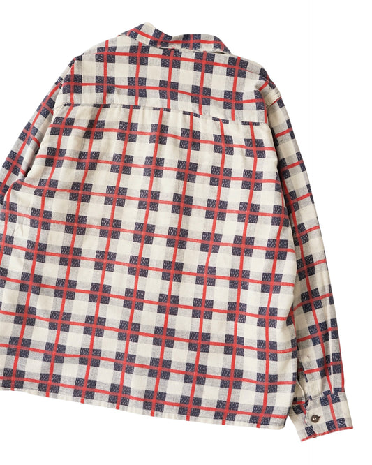 1950s–60s Vintage Plaid Print Flannel Open Collar Shirt