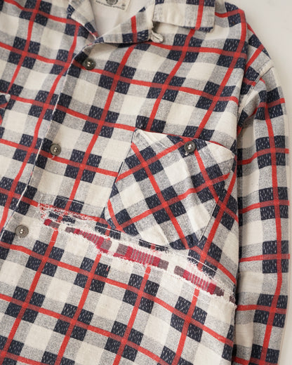 1950s–60s Vintage Plaid Print Flannel Open Collar Shirt