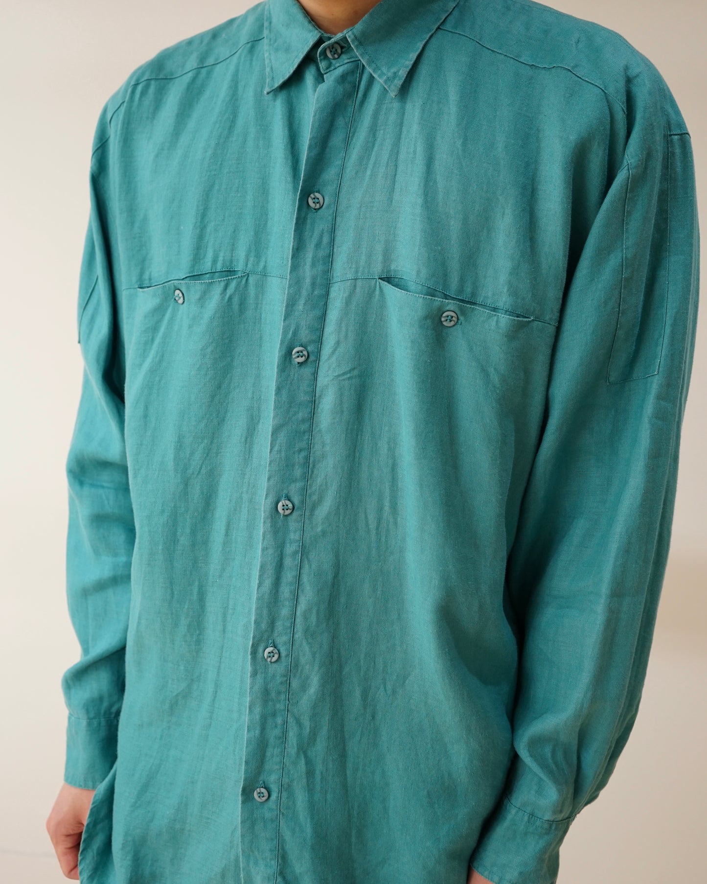90s GOOUCH Linen Shirt in Turquoise Minimal Design