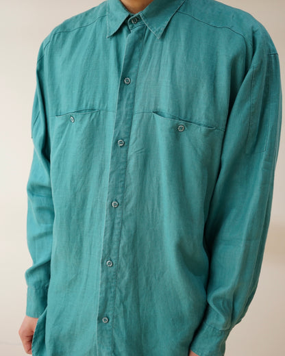 90s GOOUCH Linen Shirt in Turquoise Minimal Design