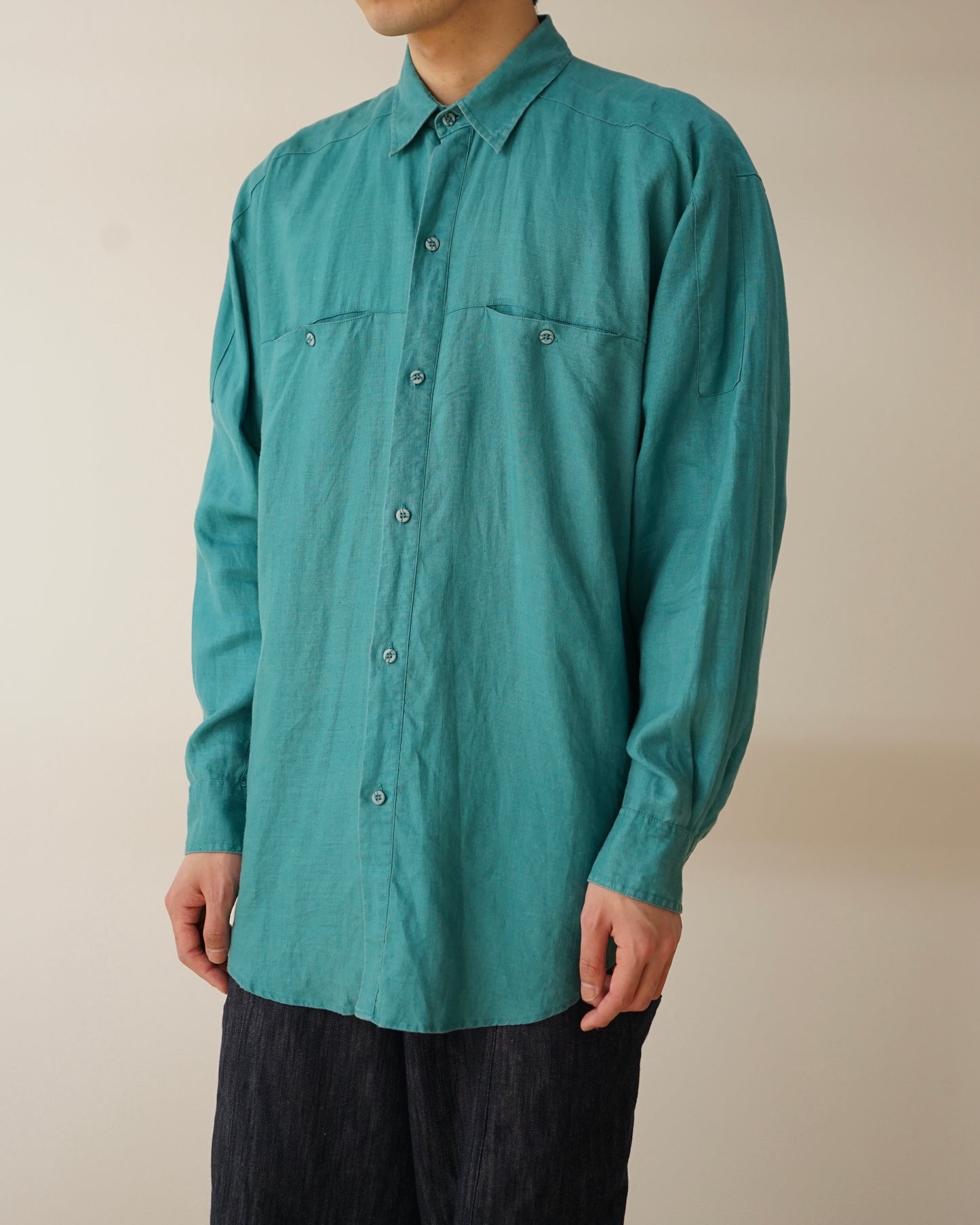90s GOOUCH Linen Shirt in Turquoise Minimal Design