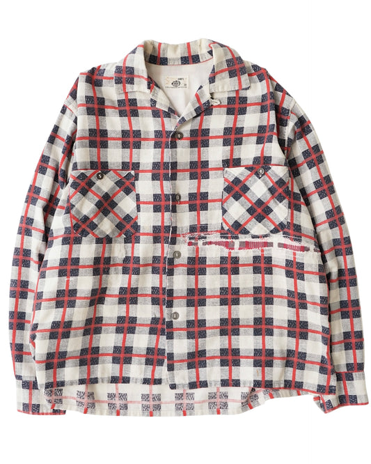 1950s–60s Vintage Plaid Print Flannel Open Collar Shirt